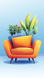 橙色沙发配绿植温馨场景