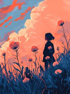 女孩于花海中凝望天空