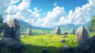 绿野巨石间的壮美自然景观