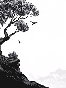 崖边孤树飞鸟图
