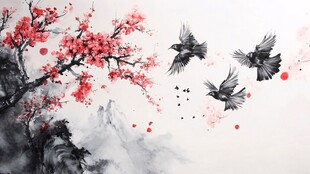 水墨红梅飞鸟图