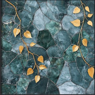 绿石背景上的金色枝叶