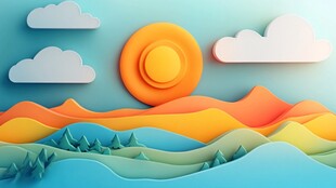 纸艺风格的多彩山川风景图