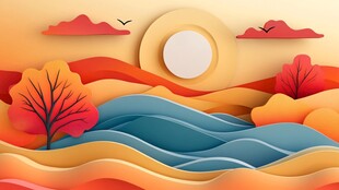 秋日剪纸风自然风光图