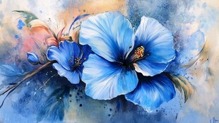 蓝色木槿花的梦幻油画