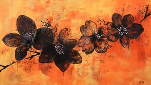 橙底墨花抽象艺术画作