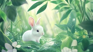 白兔栖于葱郁绿植间