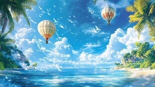 热带海景中飞翔的热气球