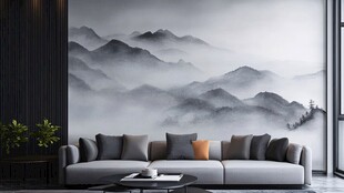 中式山水风客厅沙发背景墙