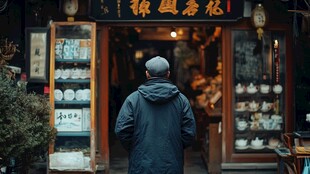 老人驻足古雅瓷器店前