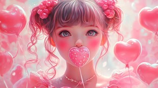 粉色甜心少女与爱心世界