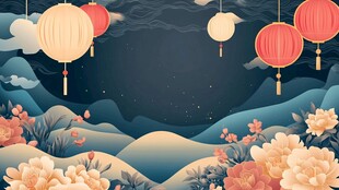 中式夜景灯笼花卉山水画