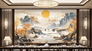 中式山水壁画会议室场景