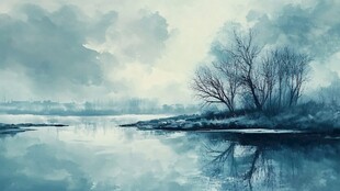 水墨风河畔静谧自然景致