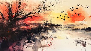 夕阳飞鸟图 水墨风画作