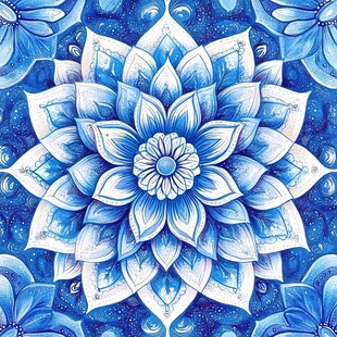 蓝白曼陀罗花纹艺术图案
