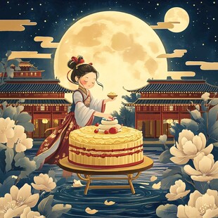 古风少女伴月享美味蛋糕