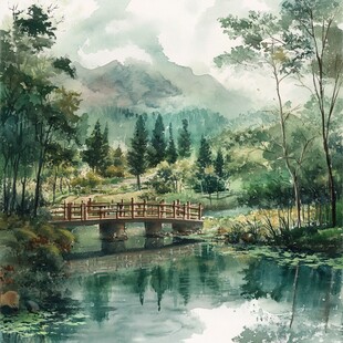 山间木桥畔的静谧自然景