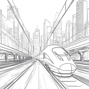 城市中的高速列车线稿图