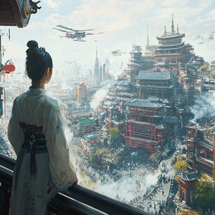 古装女子眺望奇幻古城景