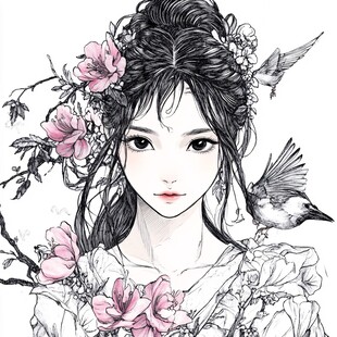 花饰少女与飞鸟古风插画