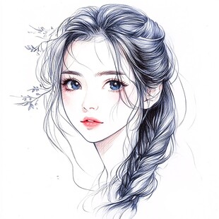 手绘长发蓝眸的唯美少女