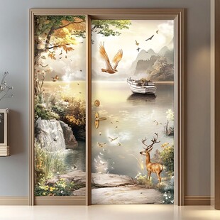 山水鹿鸟诗意移门装饰画