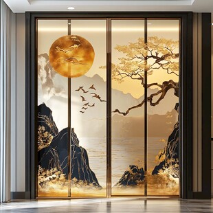 中式金墨山水艺术玻璃门