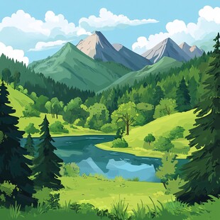山间湖畔绿意盎然风景画