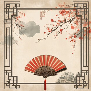 中式折扇与红梅雅致图景