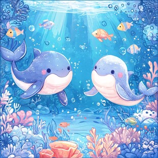 可爱双海豚的海底梦幻世界
