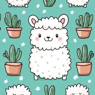 可爱羊驼与仙人掌图案设计