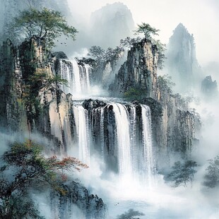 水墨山水瀑布意境图