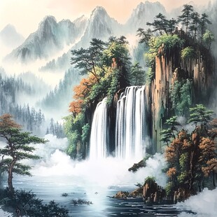 水墨山水间的壮丽瀑布景观