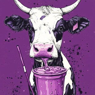 奶牛畅饮紫色饮品插画