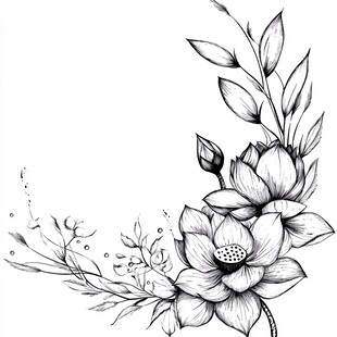 黑白手绘荷花花卉装饰图