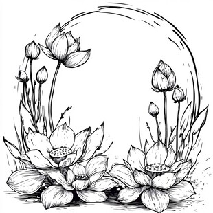 手绘荷花环形边框插画