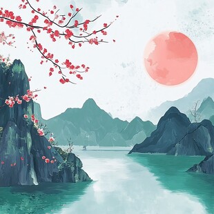 春日山水红梅映日图