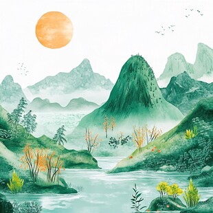 山间晨景 日出映翠湖