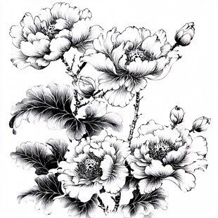 黑白牡丹花卉线描图案