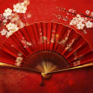 古典红扇配雅致繁花