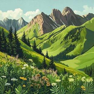 翠绿山峦间的花草与松林