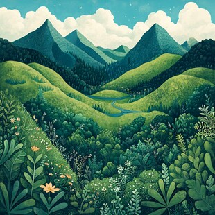 绿野山峦间的清新自然图景