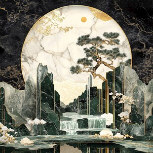 中式山水意境大理石艺术图景