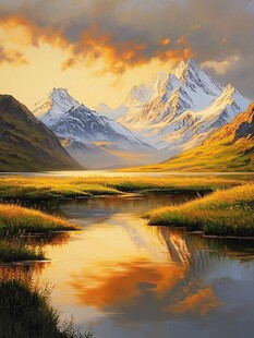 黄昏下的静谧雪山湖泊