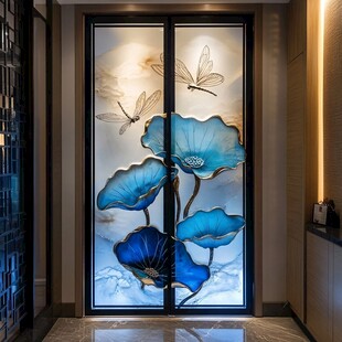 中式蓝荷蜻蜓艺术玻璃门
