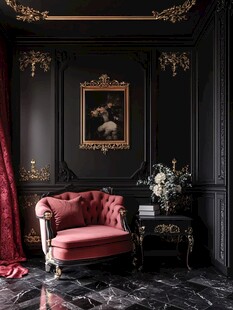 奢华黑墙配粉色复古单人椅