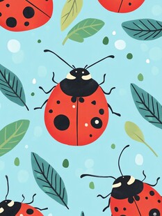 可爱瓢虫与绿叶图案背景