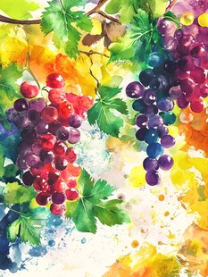 水彩绘葡萄与绿叶美景