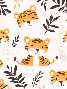 可爱老虎与枝叶无缝图案